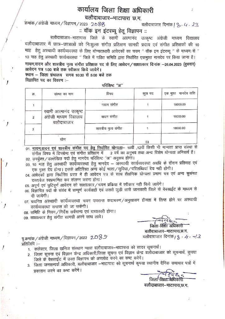 स्वामी आत्मानंद उत्कृष्ट अंग्रेजी माध्यम विद्यालय बलौदाबाजार भर्ती 2023