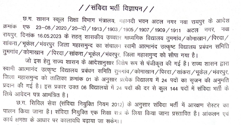 स्वामी आत्मानंद विद्यालय महासमुंद भर्ती 2023