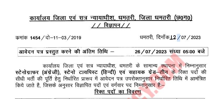 District Court Dhamtari Recruitment 2023-24